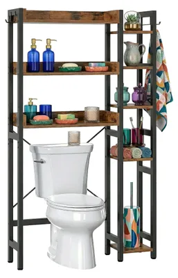 Zdjęcie produktu dla Półka łazienkowa Relaxdays, 3 poziomy, półka nad toaletą, półka łazienkowa nad toaletą, wymiary 161 x 80 x 24 cm, metal, MDF, czarno-brązowa