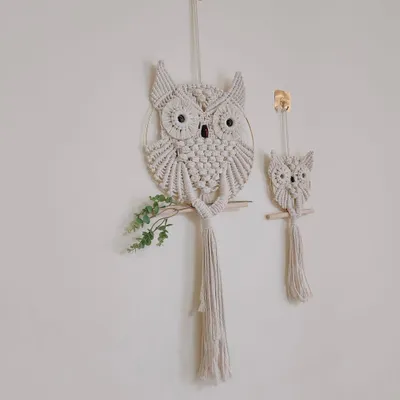 Produktbild von Eulen Makramee Wandteppich Kunst Dekor - Boho Wanddekorationen für Schlafzimmer Wohnzimmer - Kinderzimmer Galerie Zuhause Wohnung - Büro Garten Außen - Set von 2