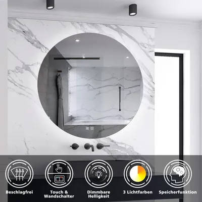 Produktbild von AICA Rund Badspiegel 100cm LED Wandspiegel mit Touch/Wandschalter Beschlagfrei 3 Lichtfarbe+Dimmbar Badezimmerspiegel mit Beleuchtung IP44