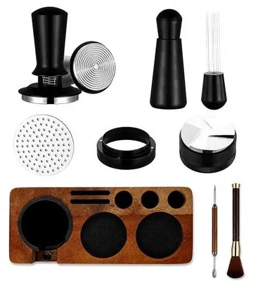 Zdjęcie produktu dla Zestaw akcesoriów do espresso tamper stacja drewniana barista 8 szt