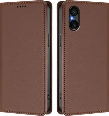 Image de Étui en cuir pour Sony Xperia 5 V, étui à rabat magnétique en cuirPolyuréthaneavec support, marron
