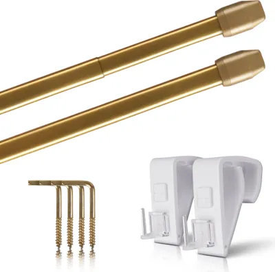 Produktbild von Vitragestangen Gold glänzend 60–90 cm ausziehbar (2er-Pack), Scheibenstange mit Klemmträger und Schraubhaken, für Küchen- & Bistrogardinen