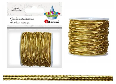 A product image showing a spool of gold elastic cord and its packaging.