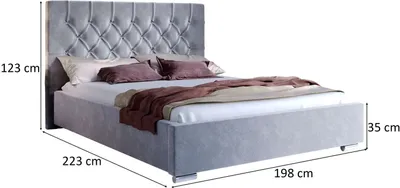 A grey upholstered double bed with a tufted headboard, shown from a side angle with dimensions indicated.