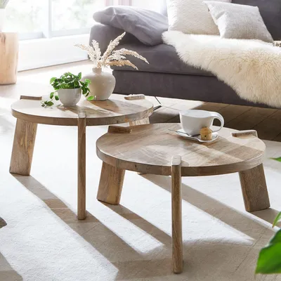 Produktbild von WOHNLING Design Couchtisch 2er Set Mango Massivholz Wohnzimmertisch Hell Satztisch Holztisch Rund Beistelltisch Tischset 2-teilig Kaffeetisch Holz