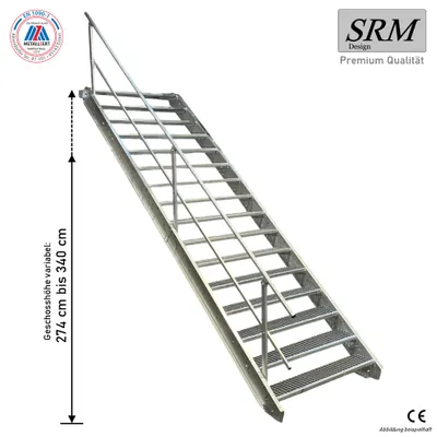 A metal staircase with a railing, shown from a diagonal angle against a white background.