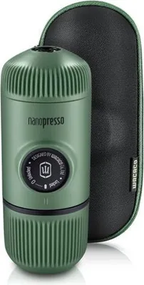 A green Wacaco Nanopresso portable coffee maker and its black carrying case are displayed against a white background.