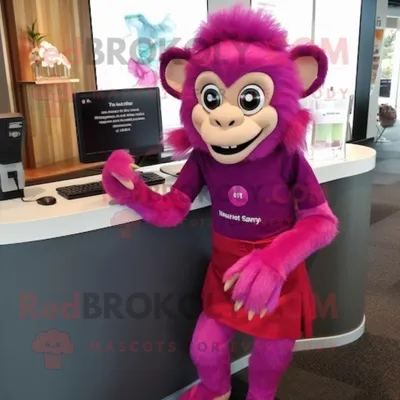 Produktbild von Magenta-Affen REDBROKOLY Maskottchen Kostüm charakter gekleidet mit einem Bleistiftrock und Schal-Clips