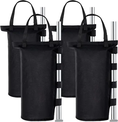 Four black sandbags are shown attached to silver poles, likely for stabilizing a tent or canopy.