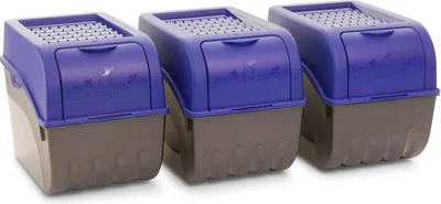 Three identical purple and gray storage containers are lined up against a white background.