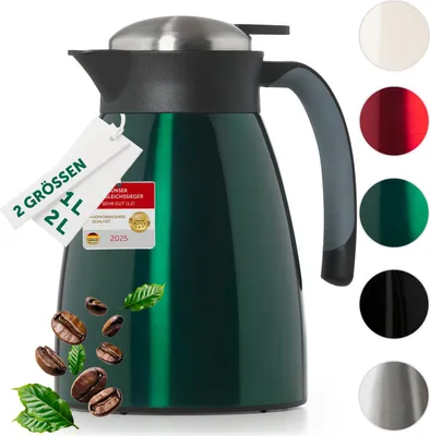 A green thermos jug is shown with various color options displayed on the right side. Coffee beans and leaves are scattered around the base of the jug.