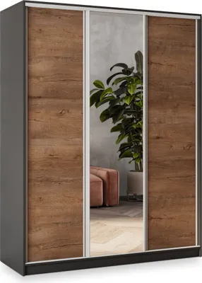 Produktbild von Masseno Schiebetürenschrank SORE 160/205/58 cm Kleiderschrank mit 4 Schubladen Schlafzimmer Schrank 3-türig mit Spiegel Schwarz / Eiche Lefkas
