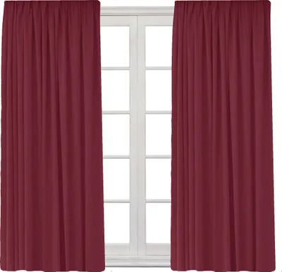 Two burgundy curtains are shown hanging in front of a white-framed window.