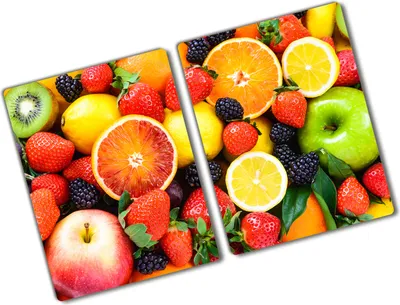 Produktbild von Tulup Glas Herdabdeckplatte - 2x40x52 cm - Glaskeramikkochfeld-Abdeckung Spritzschutz Glasabdeckplatte Kochplattenabdeckung und Schneidebrett - Zweiteilig - Essen & Getränke - Bunte Früchte - Mehrfarbig