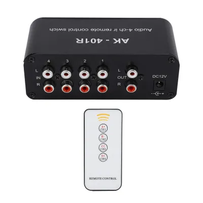 Zdjęcie produktu dla Przełącznik audio 1 wejście 4 wyjścia DC 12 V Wybór sygnału RCA Rozdzielacz audio z pilotem zdalnego sterowania