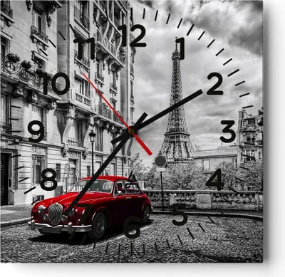 Produktbild von Wanduhr - Quadrat - Glasuhr - Auto Eiffle Straße Gebäude - 30x30cm - Schleichendes Uhrwerk - Lautlos - zum Aufhängen bereit - Dekoration Modern - Wanddekoration aus Glas - C4AC30x30-3214