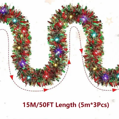 Produktbild von 50 Fuß lange Weihnachts-Lametta-Girlande, metallisch gedrehte Girlande, glänzende Hängegirlande, Ornamente für Weihnachtsbaum, Partyzubehör, Innen- und Außendekoration (bunt)