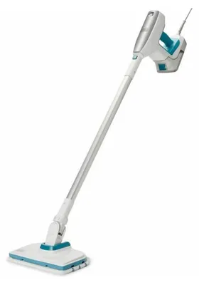 A white and blue steam cleaner on a white background.