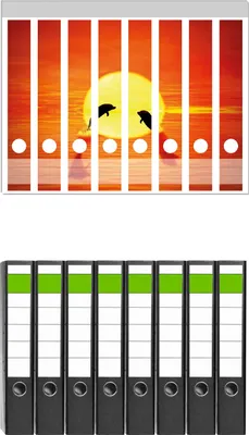 Produktbild von Wallario 8 Stück schmale Ordner inkl. Klebeetiketten mit Motive Delphine im Sonnenuntergang -  Set mit Rückenschildern / Ordnerrücken Stickern