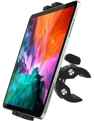 Immagine prodotto di Supporto per tablet per attrezzature fitness, supporto universale per manubrio compatibile con dispositivi da 4 a 13 pollici, rotazione a 360°, antiscivolo