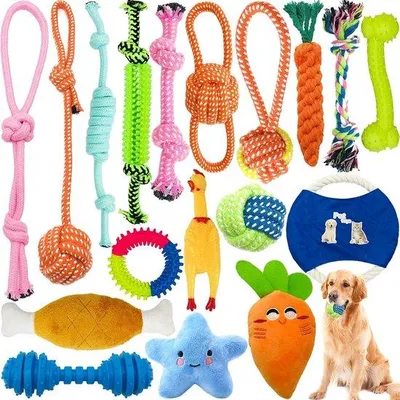 Image de Set de 18 jouets à mâcher en corde de coton naturel avec balle - Jouets à mâcher pour chiens - interactifs et durables