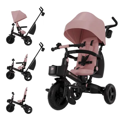 A collage of images showing a pink Kinderkraft AVEO 2 PLUS 6-in-1 tricycle from different angles and configurations.