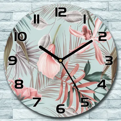 Produktbild von Wanduhr aus Glas Rund fi 30 Tropische Blumen Quarz Deko Wohnzimmer Büro