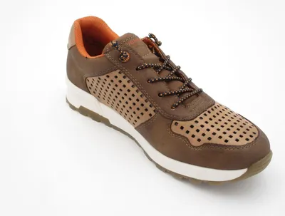 A single brown men's shoe with orange accents and a white sole, presented on a white background.