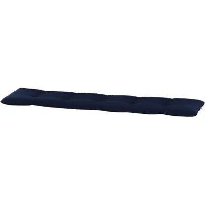 A long, navy blue bench cushion is shown lying horizontally against a white background.