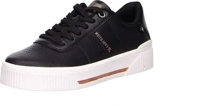 A black sneaker with a white sole is shown against a white background.