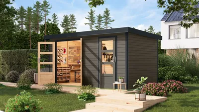 Produktbild von Karibu Gartenhaus Hybridhaus Metall Merkur terragrau 400,5x213,5x209 cm