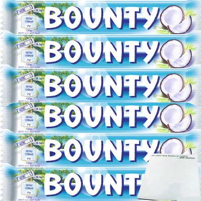Produktbild von Bounty Einzelriegel Gefüllte Milchschokolade mit saftigem weissem Kokosmark 6er Pack (6x57g Riegel) + usy Block