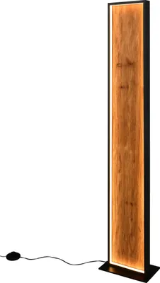 A tall, narrow floor lamp with a wood-effect panel and a black frame, standing on a white background. A black cord and plug are visible at the bottom.