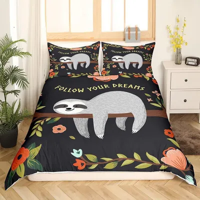 Productafbeelding van Beddengoedset met luiaardmotief, 200x200 cm, 2 kussenslopen van 80x80 cm, microvezel