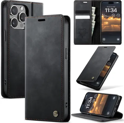 Collage of images showing a black leather iPhone case with various features.