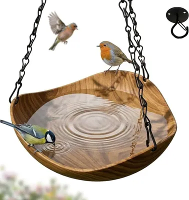 Produktbild von Dekorativer hängender Vogelbad & Futterstation aus Holz, wetterfest & frostbeständig, hängend für Garten, Balkon & Terrasse, Naturdesign