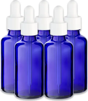 Produktbild von 5x Blaue Glasflasche 50 ml mit weißer Pipette leer zum Befüllen 18 mm