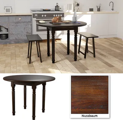 A kitchen scene with a round dining table and stools, and a close-up of the wood grain texture.