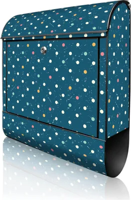 Produktbild von banjado Design Briefkasten Stahl schwarz mit Zeitungsfach pulverbeschichtet "Punkte auf Blau" 38x46x12,5cm & 2 Schlüssel - Postkasten A4 Einwurf inkl. Montagematerial [BKSCH 11681]