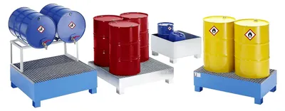 Produktbild von Stahlauffangwanne für 200-l-Fässer | Abmessungen 1200 x 1200 x 285 mm | mit Zulassung | Blau pulverbeschichtet | ohne Gitterrost