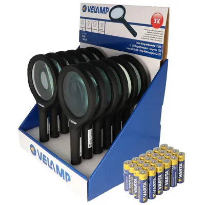 Produktbild von Thekendisplay bestehend aus 12 Lupen mit LED-Beleuchtung und 3fach Vergrößerung mit 12 LEDs, IN287, ideal geeignet zum Lesen von Zeitungen, Zeitschriften, Bücher, Karten etc. inklusive Batterien