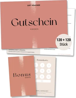 Produktbild von Frank Paperman® | 120 + 120x Gutschein + Bonuskarten für Kunden | Salon und Studio | Gutscheine zum selber Ausfüllen als Beauty Gutschein + Bonuskarte