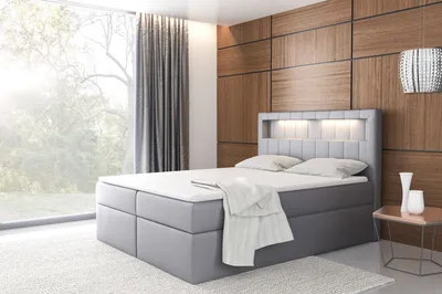 Produktbild von Bett mit 2 Bettkästen , ALDEN Boxspringbett , Pocket Matratze und Topper , Doppelbett Polsterbett , LED , H3 ( 200x200 cm , Grau - Kunstleder - Madryt 985 )