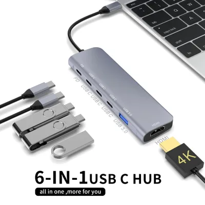 Produktbild von 6 in 1 - Hub Multiport  4x USB-C HDMI USB 3.0 Adapter Docking Station 100W Multi Port Schnellladung Schnellladegerät