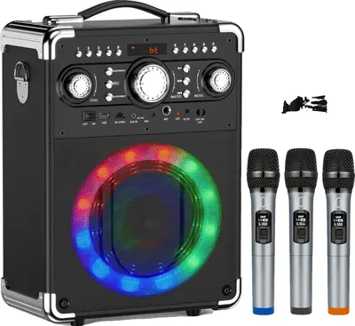Obrázek produktu pro Karaoke reproduktor, bezdrátové mikrofony: 3, verze Bluetooth: 53, LED světla, černá barva