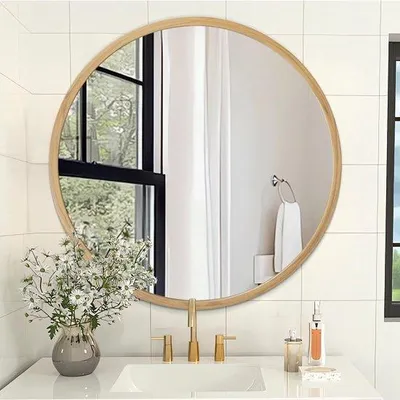 Obrázek produktu pro Nástěnné zrcadlo s hliníkovým rámem, 20 palců, matný povrch v imitaci dřeva, kulaté