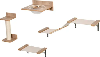 Produktbild von Kletterwand Katzen, 4-teilig Katzenkletterwand Set Katzen Wandelemente mit Kratzbaum Hängematte Sprungplattform Kratzsäule Katzentreppe Katzenwandm...