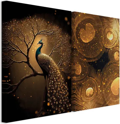Zdjęcie produktu dla Zestaw obrazów Akustikbild, format XL, paw, wydruk artystyczny na płótnie, 80x60 cm, 2 elementy (po 40x60 cm), kolaż, 2 panele ścienne, izolacja akustyczna, obrazy na płótnie, dekoracja - g-C-10198-b-a