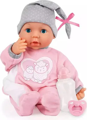 Obrázek produktu pro Bayer Design 93829AA My Piccolina Interaktivní panenka s funkcí, mluvící, dětské zvuky, pohybuje ústy, 38 cm, růžová, šedá s motivem ovečky