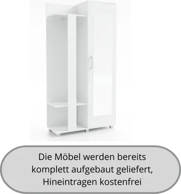 Produktbild von Garderobenset KARO, Garderobenpaneel, Kompaktgarderobe, Flurmöbel, mit Spiegel, Farbe: Weiß, Seite: rechts